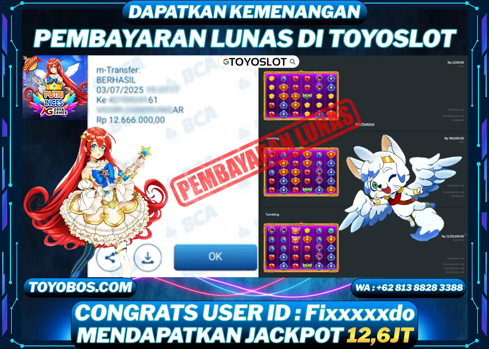 TOYOSLOT - BUKTI KEMENANGAN Putri Inces Aryagames Rp12,666,000,- LUNAS