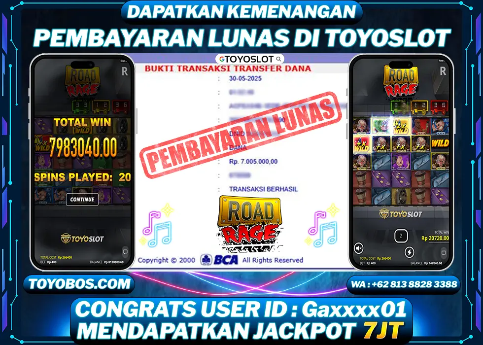 TOYOSLOT - BUKTI KEMENANGAN JACKPOT Road Rage Rp7,005,000,- LUNAS