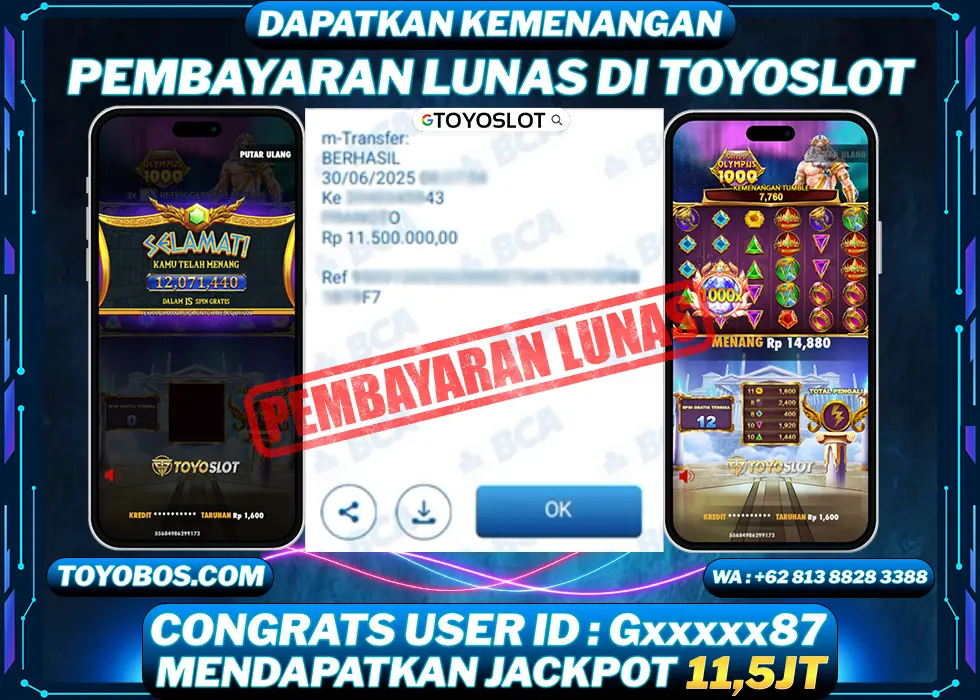 TOYOSLOT - BUKTI KEMENANGAN Gates of Olympus 1000 Rp11,500,000,- LUNAS