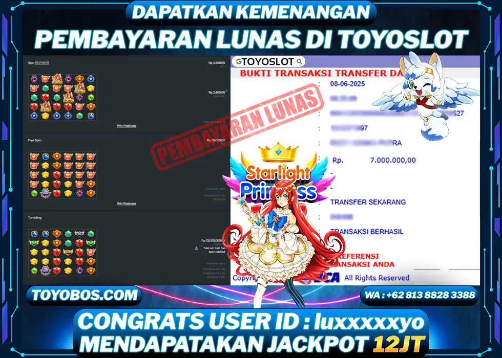 TOYOSLOT - BUKTI KEMENANGAN Starlight Princess 1000 Rp7,000,000,- LUNAS